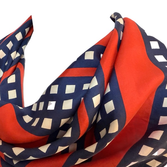 Vintage Echo Red, White & Blue Geometric Scarf – Hand Rolled Edges - Picture 5 of 8